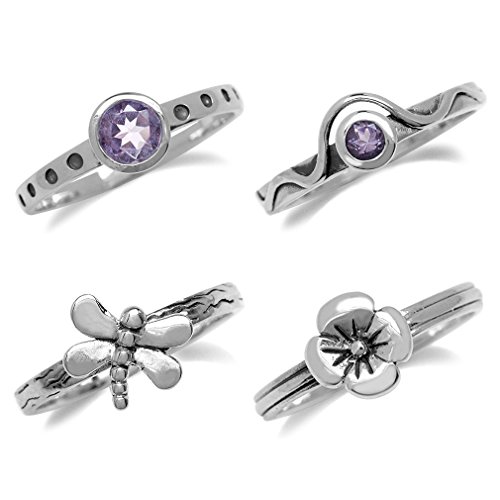 Silvershake Set Of 4 Natural Amethyst 925 Sterling Silver Dragonfly And Flower Stack Stackable Rings #TOP1