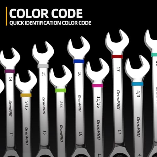Image of GRENPRO 23PC Ratcheting Combination Wrench Set SAE Metric Mechanic Tools | 1 /4 inch-3 /4 inch&6-18MM with Bolt Gauge, CR-V Steel 72-Tooth 5-Degree Swing 12Pt, Color Rings, Roll Pouch for Auto & Home Repair