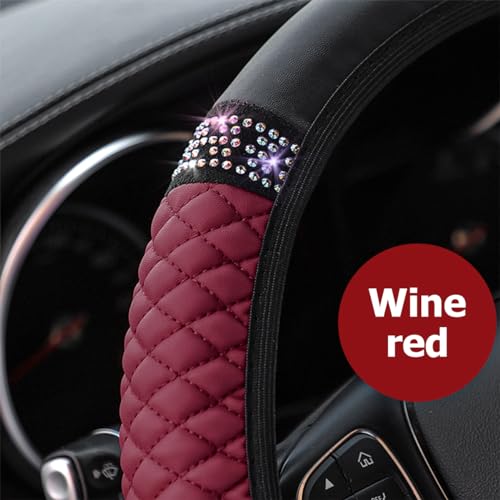 Image of Osilly Bling Car Steering Wheel Cover, 15 Inch Rhinestones Soft Leather Elastic Steering Wheel Protector, Sparkly Crystal Diamond for Women Girls (Wine Red)