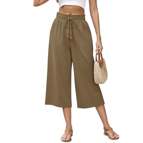 LOMON Women's Linen Capri Pants Wide Leg with Drawstring Elastic Waist Casual Cropped Pant