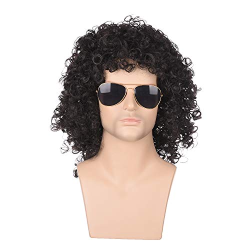 morvally Mens 80s Dark Brown Curly Hair Wig Glam Rock-Rocker Wig Perfect for Halloween Cosplay DIY Themed Costume Party