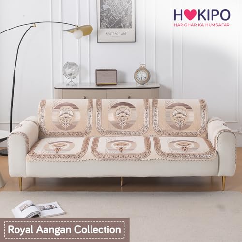 Image of HOKIPO Noor Beige Premium Chenille Jacquard Sofa Cover for 3 Seater for Seat & Back, 'Royal Aangan Series' (IN-1008-L4*2)