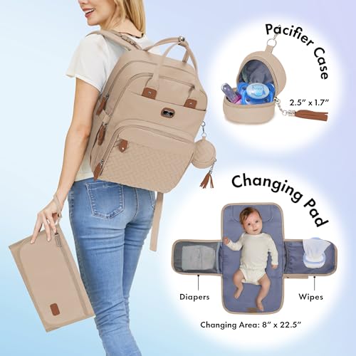 Image of Dikaslon Diaper Bag Backpack with Portable Changing Pad, Pacifier Case and Stroller Straps, Large Unisex Baby Bags for Boys Girls, Multipurpose Travel Back Pack for Moms Dads, Milk Tea Khaki