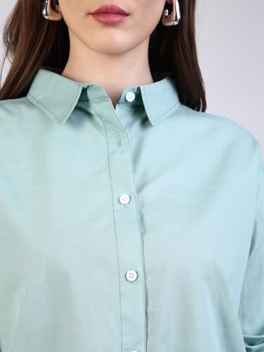 Image of Urbano Fashion Women's Cotton Full Sleeve Oversized Fit Casual Solid Slub Shirt with Spread Collar