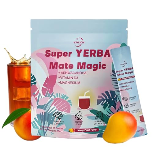 Yerba Mate Tea w/Ashwagandha, Magnesium & Vitamin D3, Yerba Magic Instant Tea Powder - Coffee Alternative - Clean Energy, Brain Fog Buster, and Gut Health - 30 Individually Bags - 1 Month Supply