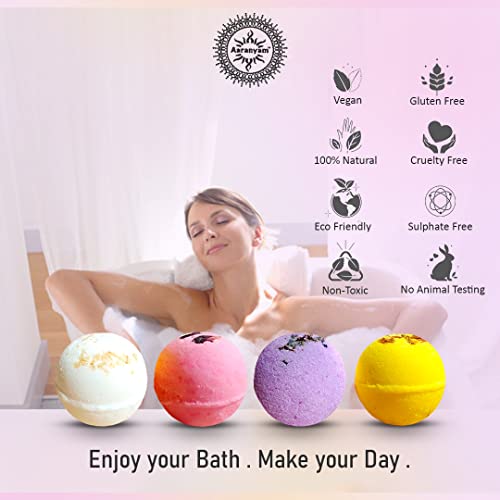 Image of Aromatic Bath Bombs for Bath Tub - Pack of 4 x 75g - Rose Petals, Calendula, Oats, Lavender - Hydrating, Moisturizing - Perfect Bath and Body Works Gift Set - Refreshing Hot Water Soak