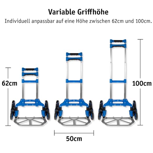 Lefeld Sackkarre Treppensteiger Treppen Transportkarre Stapelkarre | bis 70 Kg | Sackkarre klappbar | Sternradsystem Sternräder | Mit Spanngummi | Aluminium | Große Ladefläche | Variable Griffhöhe – Bild 7