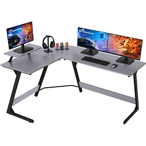 GreenForest L Shaped Gaming Desk 58.4" Corner Computer Desk Reversible Table with Large Monitor Stand for Home Office PC Laptop Workstation, Grey GreenForest L Shaped Gaming Desk 58.4" Corner Computer Desk Reversible Table with Large Monitor Stand for Home Office PC Laptop Workstation, Grey