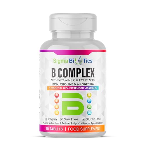 SigmaBiotics 8 B Complex Vitamins, B12, Vitamin C - Folic Acid, Biotin, Choline, Magnesium, B1, B2, B3, B5, B6 Vitamins - Vegan & Gluten Free - 90 Tablets - One Per Day - 3 Months Supply