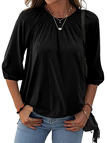 Grlasen Women's Solid Crew Neck T Shirt Blouse Cotton Half Sleeve 3/4 Sleeve Casual Loose Pleated Basic Tops