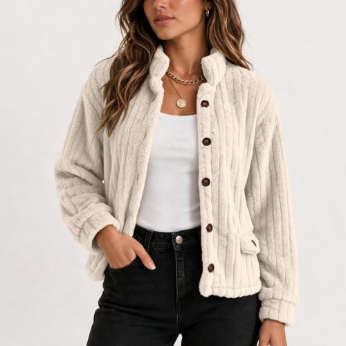 Sherpa Fleece Jacket Women Stand Collar Button Coat Travel Winter Daily Use - image 2