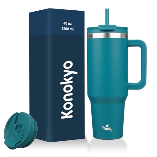 Image of Konokyo 40 oz Insulated Tumbler Water Bottle with Handle, Straw Lid | BPA-free and dishwasher safe; made for gym, travel, coffee and gifting, 2 straws, cup holder friendly,Blue
