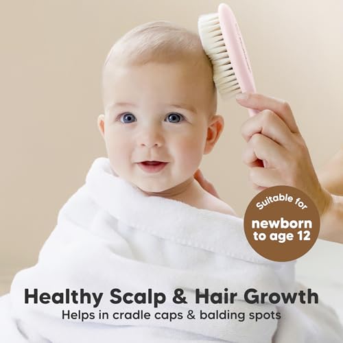 Image of Wooden Baby Hair Brush Set for Newborns, Toddler Comb (Blush, Regular) | Soft Goat Bristle, Baby Brush and Comb Set, Infant Grooming Kit, Cradle Cap Care, Durable & Gentle, Boy, Girl Bath Essential