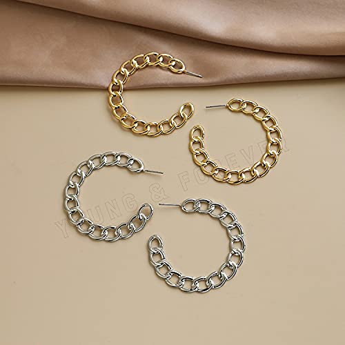 Image of Young & Forever Gift Stainless Steel Curb Chain Hoop Earrings for Women Big Hoop Dangle Earring for Women Circle Earrings Thin Geometric Hoop Earrings