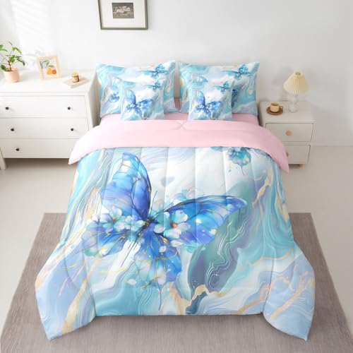 Image of Floral Marble Butterfly 7 Pieces Bedding Set Full Size,Blue Tie Dye Bed in a Bag,Elegant Marble Texture Bed Set Includes Comforter,Sheet Set,Pillowcases & Pillow Covers,Modern Aesthetic Bedroom Decor