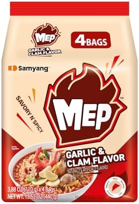 Samyang MEP Garlic Clam Ramen, Spicy Korean Instant Bag Noodle Soup, Refreshing Seafood Broth Ramyeon, Easy Cook Noodles, 3.88 oz (Pack of 4 Bags)