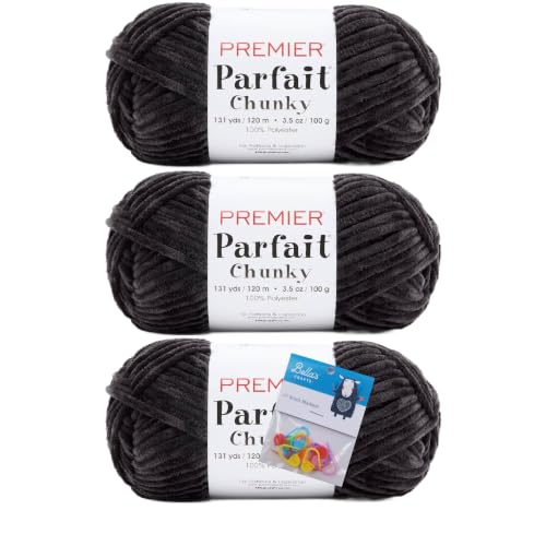Image of Premier Yarns Parfait Chunky Chenille 3.5 Oz Super Bulky Weight 3 Pack Bundle with Bella's Stitch Place Holders (Cinder)