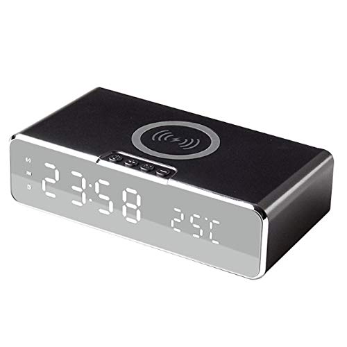 Wireless Ladung Digitaler LCD-Wecker-Pad-Station Zeittemperatur-Datum-Anzeige Snooze for Schlafzimmer Schlafzimmer Badezimmer (Color : Black)