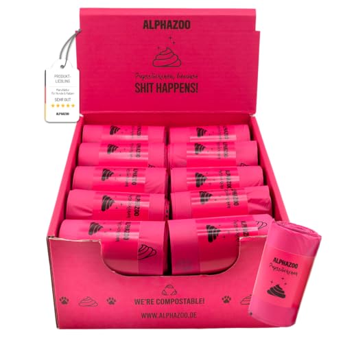 alphazoo Sacchetti per escrementi di cani, biodegradabili, rosa, 600 pezzi, extra resistenti agli strappi, a prova di perdite e compostabili, sacchetti sostenibili per cani su ruote, sacchetti per