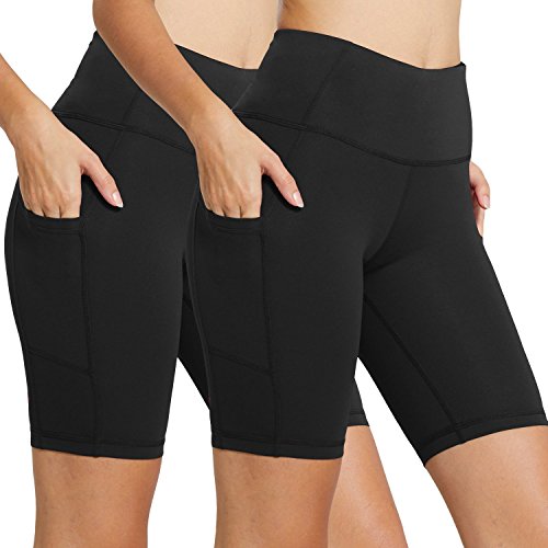 BALEAF Women's 8" High Waist Biker Workout Yoga Running Compression Exercise Shorts Side Pockets 2-Pack Black/Black Size L