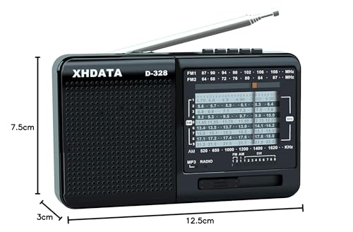 XHDATA D-328 Leitor de MP3 estéreo de rádio de ondas curtas AM FM DSP pequeno, pequeno, com bateria