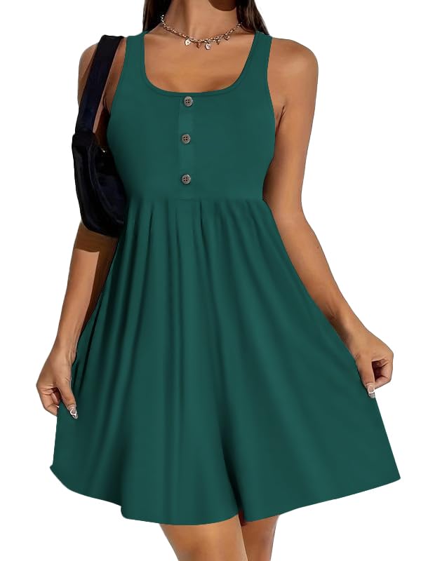 Image of BeadChica Women's Summer Tank Dress Sleeveless Scoop Neck Button-Down Sundress Cute Ruffle Hem Swing Mini A-Line Dress