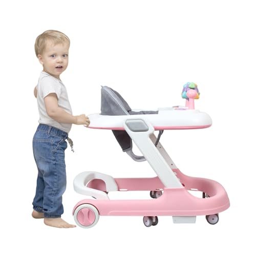 Trotteur Bébé Pliable Évolutif 2 en 1, 6-18 Mois, Charge Max 15 KG, Musique&Lumière,Rose