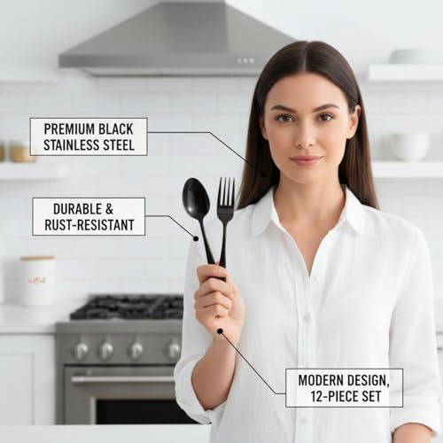 Image of 12-Pcs. Black Cutlery Set - Modern Stainless Steel Flatware Service for 6 with 6 Dinner Spoons & 6 Dinner Forks - Titanium PVD Coated Mirror Finish - Dishwasher Safe Black Silverware