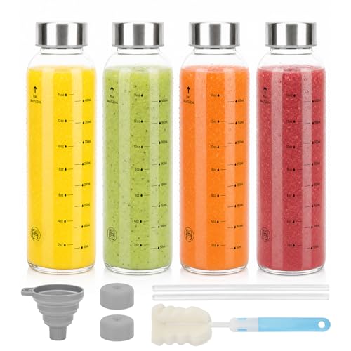 Image of Luxfuel Clear Glass Bottles with Lids, 18oz Glass Water Bottles for Juicing | Measurement Markings, 100% Leak Proof Stainless Steel Lid, Reusable for Smoothie, Refrigerator and Dishwasher Safe, Set of 4