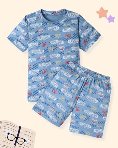 Image of Unisex Kids Pure Cotton Short & Tee Night Suit | Half Sleeve Printed Nightdress | Kids Nightwear /Nightdress for Boys | 11-12 Years | T-Shirt & Shorts Combo Set Black