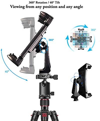 IPad Tripod Mount Adapter 360 Degree Rotatable Universal Tablet Clamp Holder for iPad Pro 12.9 11 10.5, iPad Air Mini, Surface Tab, Galaxy Tab and 3.5 to 13.5in Phone Tablet, for Tripod, Monopod