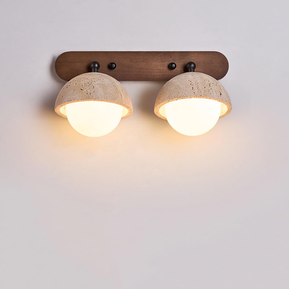 HUAYUSEDF Bathroom Vanity Stone Wall Lamp, Warm Light G9 Indoor Wall Light, Natural Travertine Semicircle Wall Sconce, Round Glass Lampshade Sconce, for Bath Mirror Bedroom Living Room(Small)