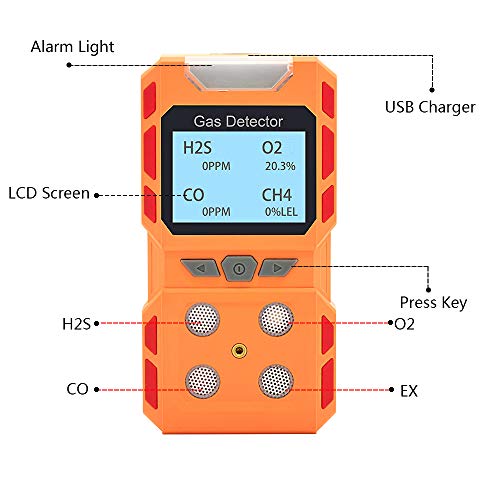 Portable 4 Gas Detector, Sound Light Vibration Multi-Gas Monitor Meter, Rechargeable LCD Screen Backlight -Ready to Use(Orange)
