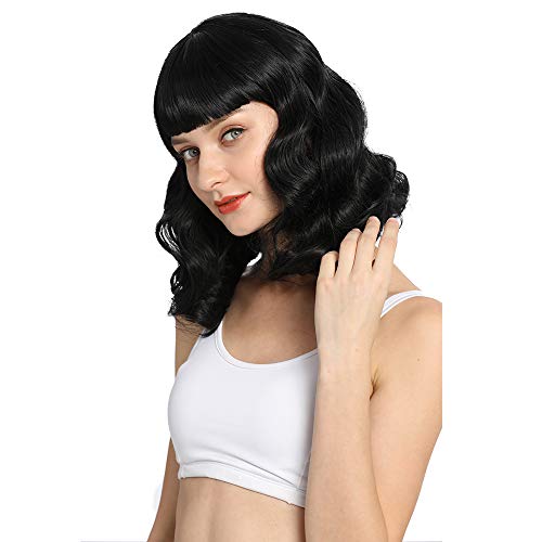 Difei Rockabilly Vintage Wig Audrey Hepbum Short Bang Wig Long Finger Wavy Wigs For Women (Black) #TOP4