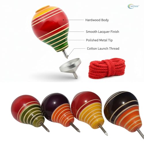 Neotea Wooden Spinning Top Toy | Traditional Wooden Spinning Top Lattoo Bambaram Bongaram Buguri with Thread | Indian Outdoor Game Toy for Kids & Adults | Multicolor Pack of 2