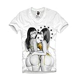 E1SYNDICATE V-Neck T Shirt Sexy Twins PIN UP Model Sisters Porn Hustler White Large