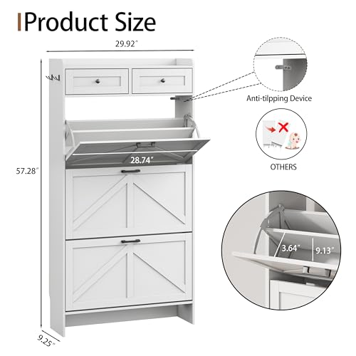 Image of Shoe Cabinet with 3 Flip Drawers & 2 Top Drawers, 57 inch Tall Freestanding Narrow Wooden Shoe Storage Organizer for Entryway, Hidden Slim Shoe Rack for Front Door Entrance, Hallway, Living Room, White