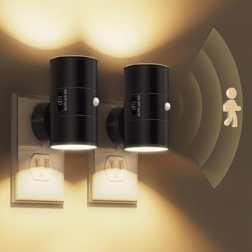 Plugify One Stecker Lampe mit Bewegungsmelder, Auf- und Abwärts Beleuchtung, Warmweißes Nachtlicht für Flur Treppe Schlafzimmer Küche (Schwarz, 2 Pcs)