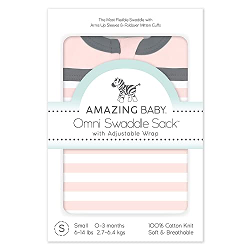 Image of Omni Swaddle Sack by Amazing Baby - Transitional Swaddle with Arms Up Sleeves & Mitten Cuffs, Pink Stripes, Size Small, 0-3 Months