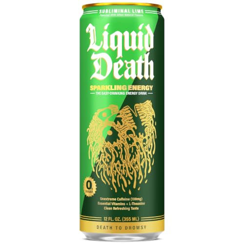Image of Liquid Death Sparkling Energy - Subliminal Lime (Lemon Lime), Zero Sugar Energy Drink, Unextreme Caffeine 100mg, Essential Vitamins, 12 Fl Oz (Pack of 12)