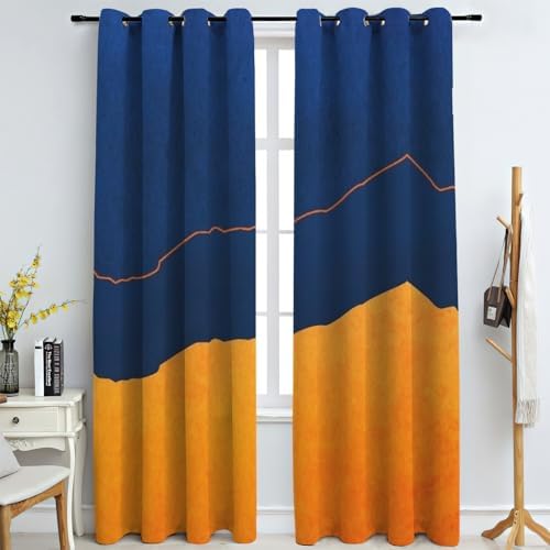 Minimalist Light Luxury Art Blackout Window Curtains, Navy Blue and Orange Irregular Splicing Curtains, Thermal Insulated Polyester Drapes for Bedroom