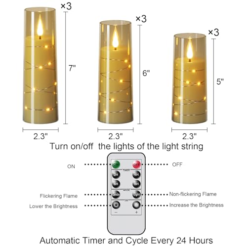 Image of Wondise Flameless Flickering Candles with Embedded Star String Remote and Timer Battery Operated Black Flickering LED Candles Pillar Candles for Christamas Home Decoration (9pack