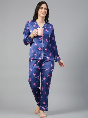 Image of KOTTY Women's Printed Satin Night Suit Shirt & Pyjama Set