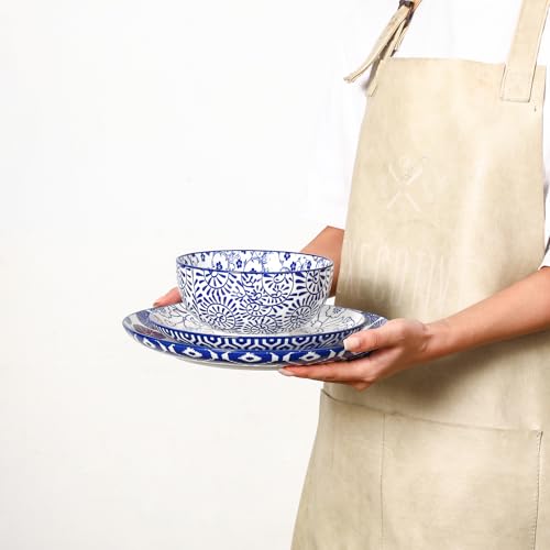 Image of Selamica Ceramic Plates and Bowls Sets,18 Pieces Retro Floral Dinnerware Sets for 6,Dishwasher & Microwave Safe dish set,Family & Holiday Dining, Vintage Blue