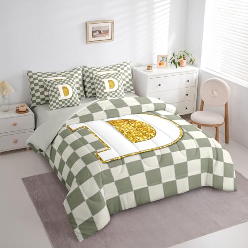 Image of Erosebridal Sage Green Checkered Queen Comforter Set with Sheets 7 Piece Plaid Initial D Bed in A Bag Personalized Monogram Bedding Sets for Kids Adults,Fashion Grids Gingham Bed Set
