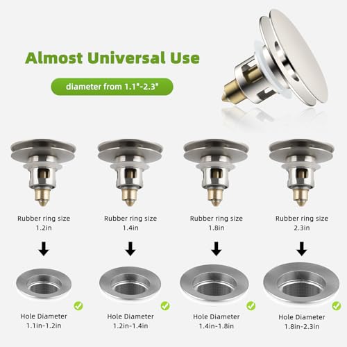 Image of Universal Bathroom Sink Drain Stopper Strainer, 2PCS, Brushed Nickel | 2 in 1 Pop Up Sink Stopper for 1.1''~2.36'' Sink Basin Hole, Hair Catcher with Removable Stainless Steel Filter Basket