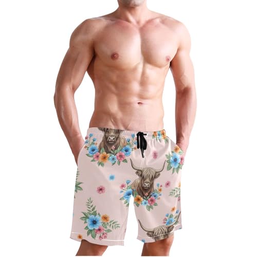 Men's Swim Trunks Quick Dry Swimming Shorts with Pocket Highland Cows Blue Floral Swimsuit Trunks3