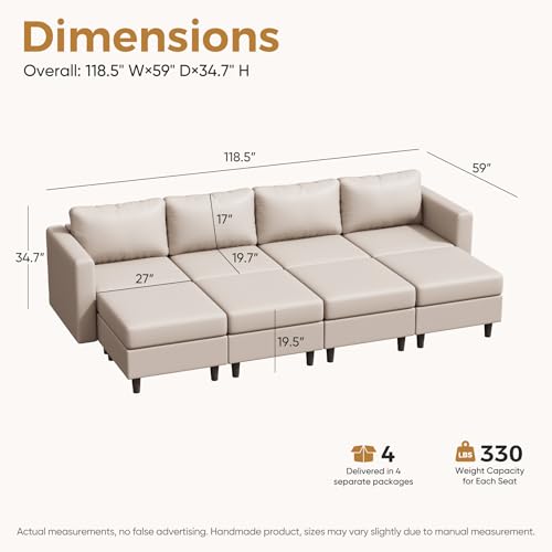 Image of ABCASA 118.5 inch Faux Leather Luxury Modular Sleeper Sofa Bed with Storage Seat, 8 Seat Sectional Couch Deep Seat with Reversible Chaises & Removable Cover - Whitesand