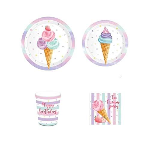 Happy Birthday Ice Cream Party Tableware Set for 8 for Girls Birthday Party Supplies | Includes Dinner and Appetizer or Cake Plates Cups and Napkins
