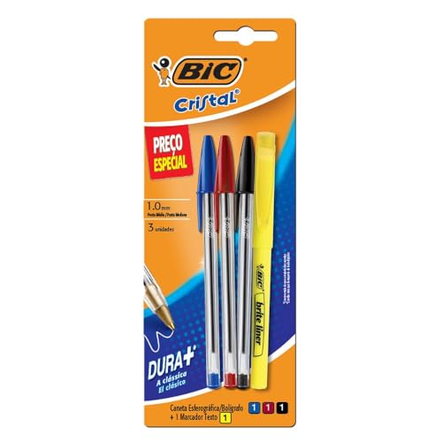 BIC, Kit 3 Unidades Canetas Esferográficas + 1 Marca Texto Brite Liner